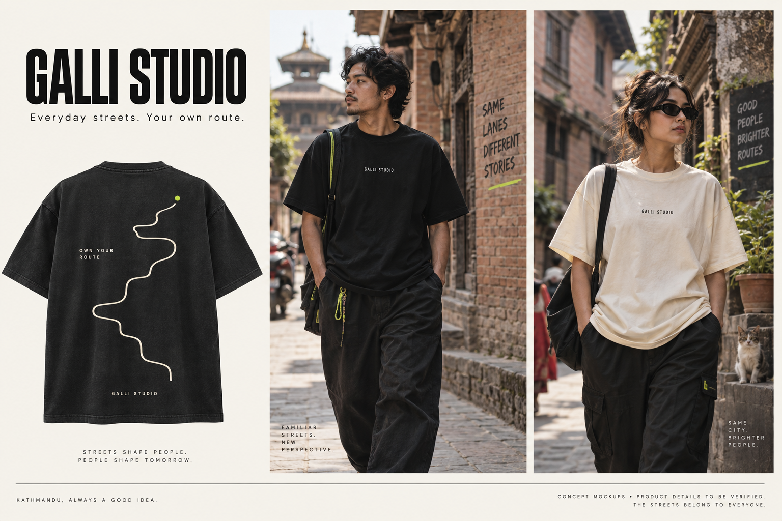 AI-generated campaign concept with two adults wearing black and bone tees