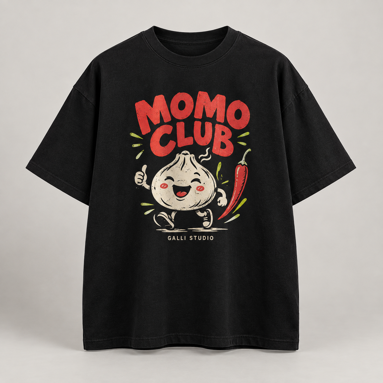 AI-generated Momo Club t-shirts mockup in Ink / Chili / Lime