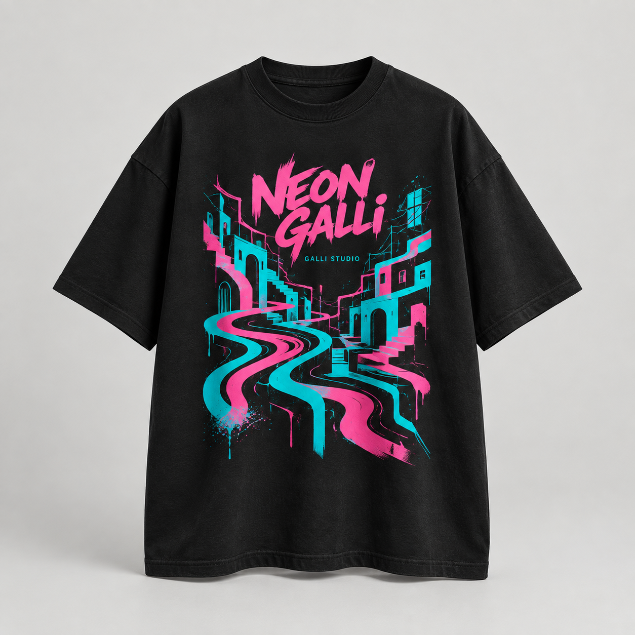 AI-generated Neon Galli t-shirts mockup in Ink / Electric pink / Cyan