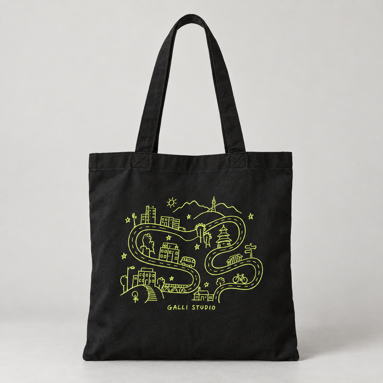 AI-generated Shortcut Tote accessories mockup in Ink / Acid lime